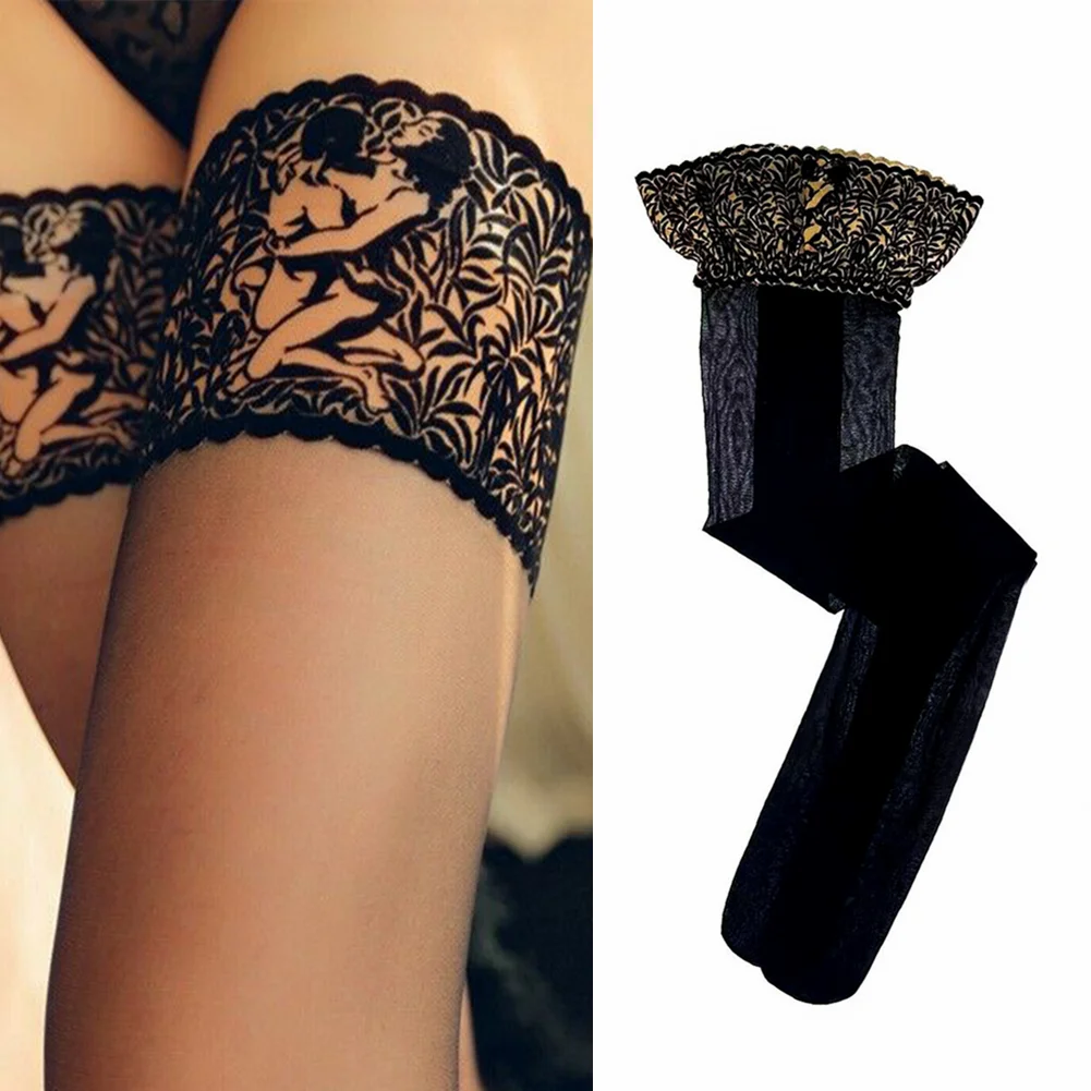 

Non Slip Silicone Stocking Women's Fashionable Peacock Lace Top Shiny Stockings Tiptoe Transparent Breathable and Sexy Hosiery