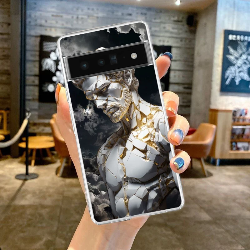 Aesthetic Collage Art Soft Clear Phone Case with Sculptures and Paintings Design