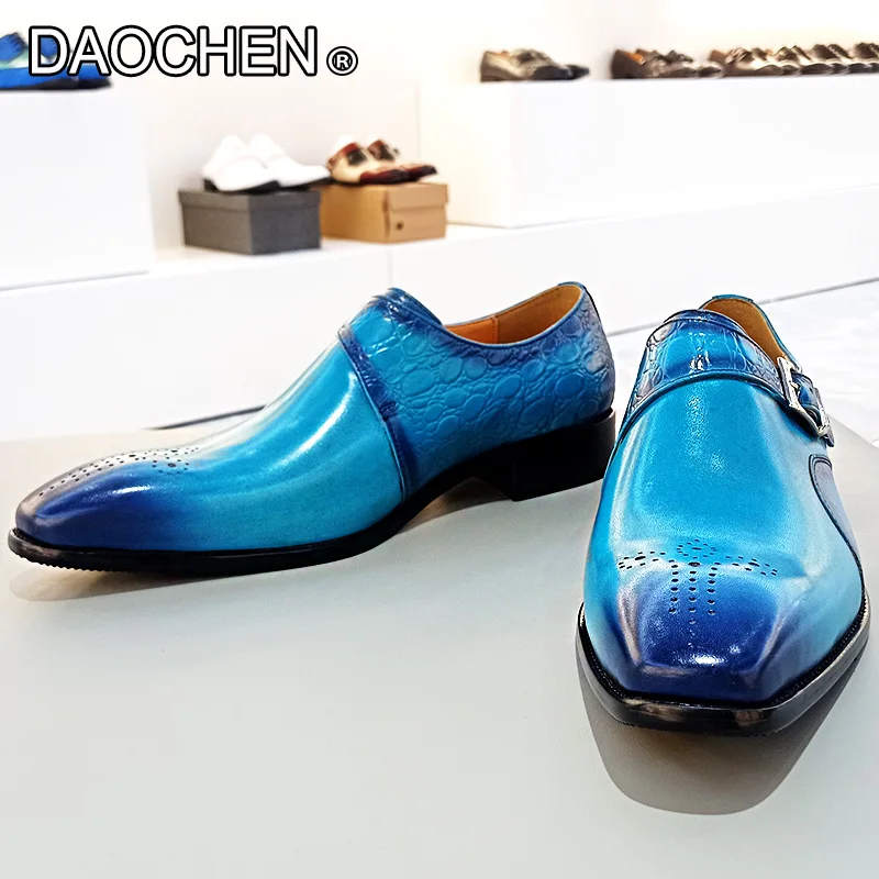 LUXURY BRAND MEN GENUINE LEATHER SHOES BLUE BUCKLE STRAP LOAFERS CASUAL DRESS MEN SHOES WEDDING PARTY MONK SHOES FOR MEN