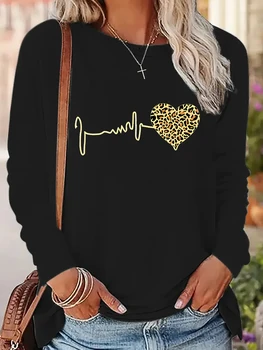 Leopard Heartbeat Printed Long Sleeve Shirt Funny Gothic T Shirt Women's  Print  T-Shirt Crew Neck Top Tee Tshirt Casual 1