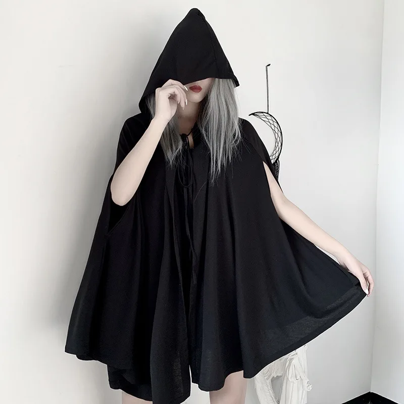 2023 Vintage Harajuku Mid Length Black Plus Size Witch Cloaks Dark Gothic Capes Hoodies Women Sleeveless Cosplay Anime Ponchos