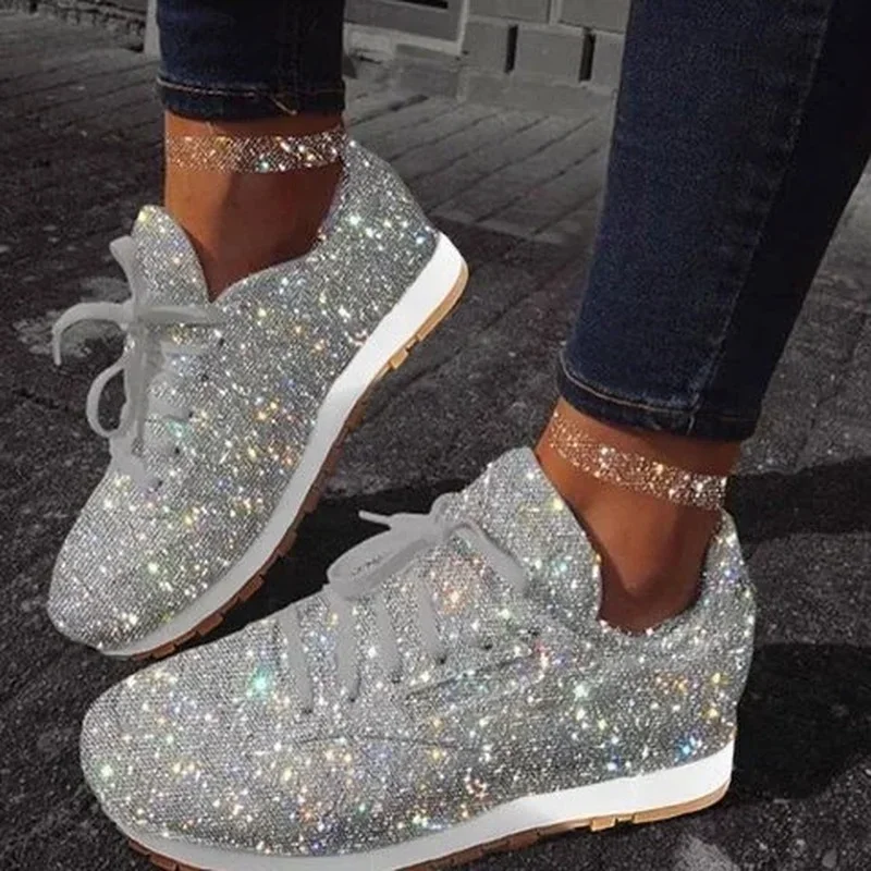 Women Flat Glitter Canvas Sneakers Casual Female Mesh Lace Up Bling  Comfortable Plus Size Vulcanized Crystal Shining Board Shoes - AliExpress