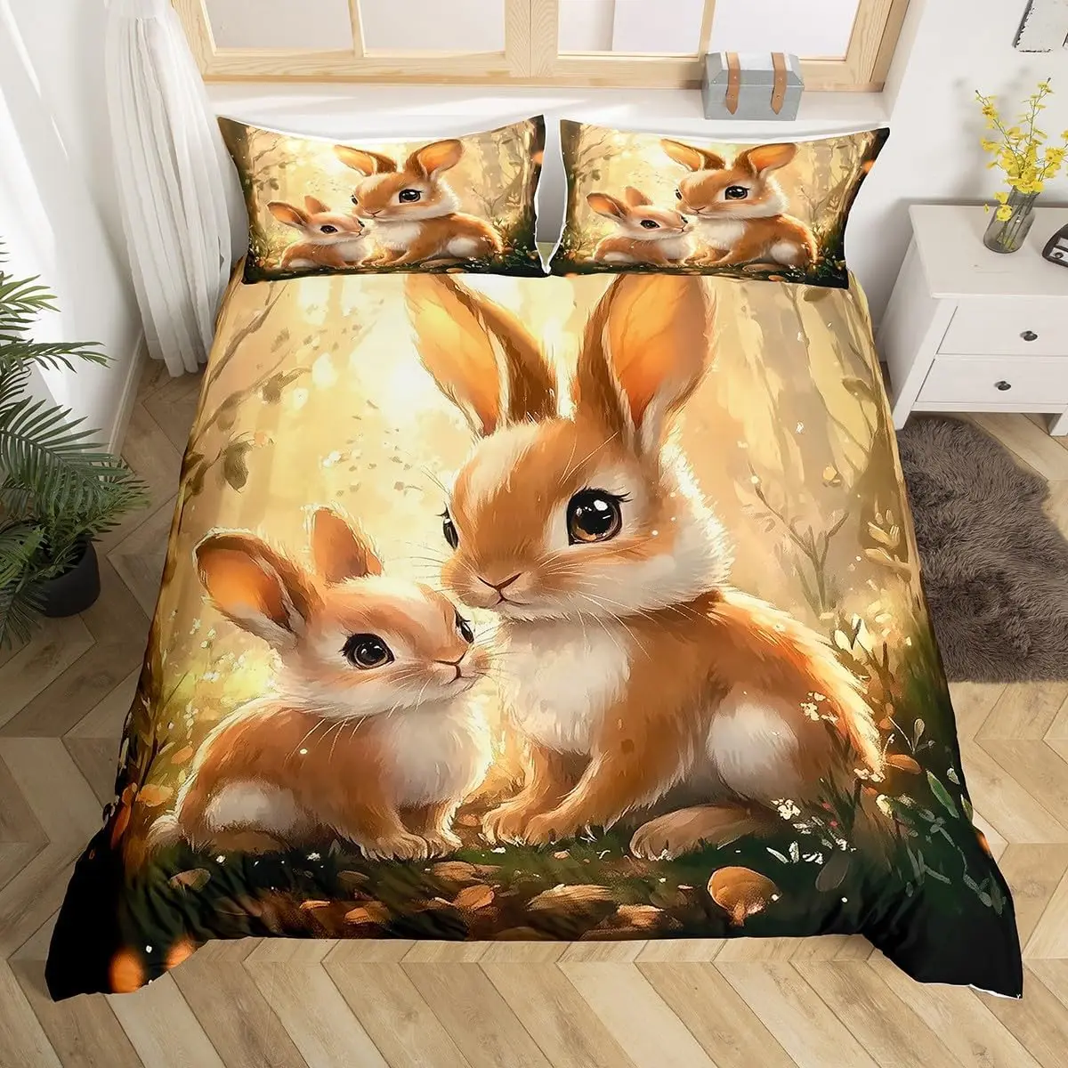 Easter Rose Rabbit Duvet Cover Cute Bunny Happy Easter Bedding Set Full for Kids Boys Girls,Rustic Flower Animal Comforter Cover 5