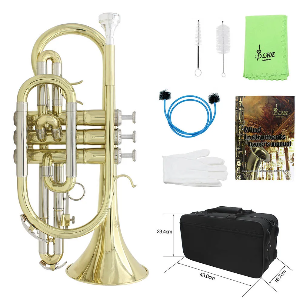 Bb B Flat Cornet Gold Plated Brass Wind Instrument With Mouthpiece Gloves Cleaning Cloth Carrying Case
