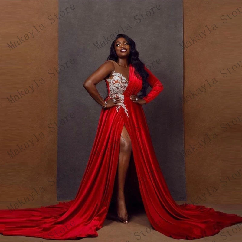 Vestidos de Noite Split com Trem Vestidos de Festa Feitos sob Encomenda Vermelho Encantador Elegante Único Mangas Compridas Apliques Longo Mais Tamanho Wome 2 mangas compridas apliques split com trem longo