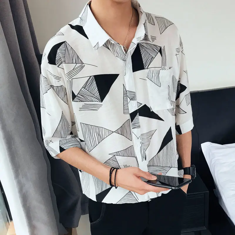 Elegant Fashion Harajuku Slim Fit Ropa Hombre Loose Casual Sport All Match Shirt Square Neck Korean Version Middle Sleeve Blusa