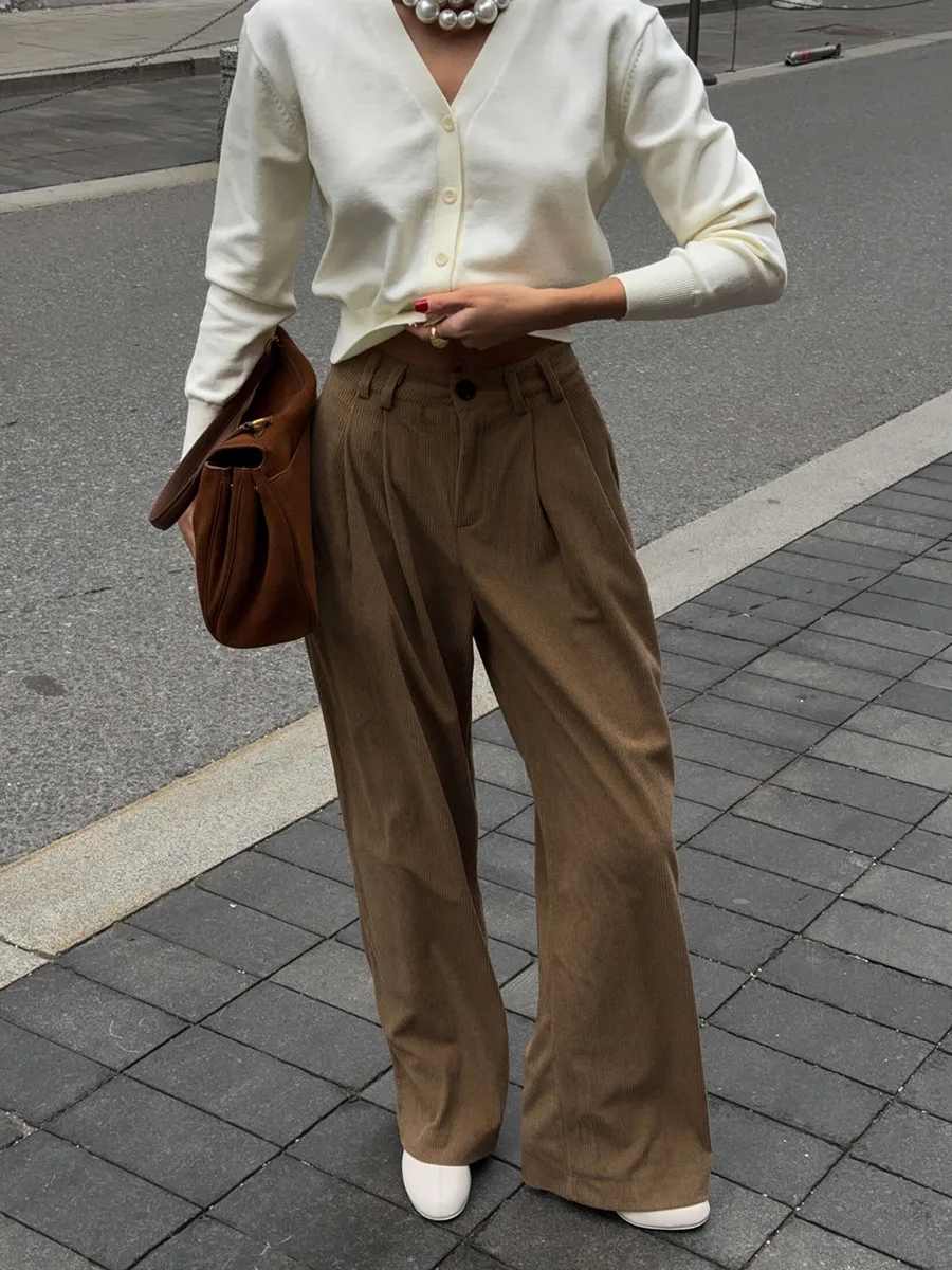 Bornladies Women's New Wide Leg Pants 100% Cotton Loose Fit Drapey Trendy Waist Autumn Winter Fashion Trousers