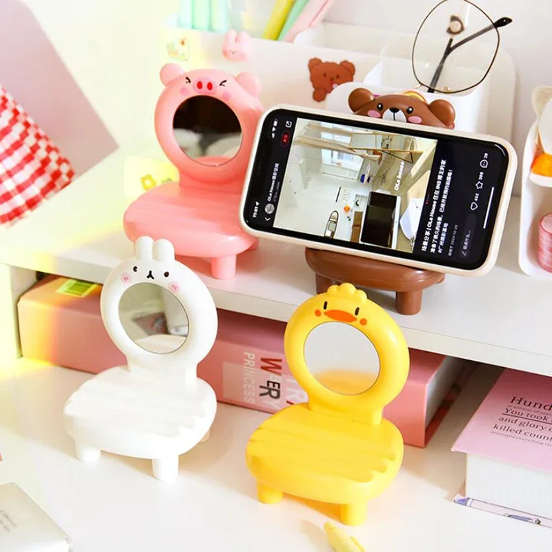 Phone Holder Cute Animals with Mirror Adjustable Bracket Office Tablet Support Stand Desk Organizer
