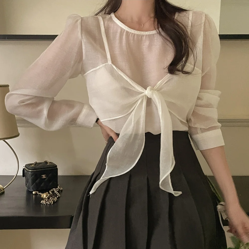 

Blouse Women Office Lady Korea Style Cute Long Sleeve Patchwork Solid Knitted O-Neck Belt Blusas Womens Tops And Blouses