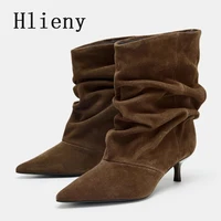 Liyke Winter Pleated Suede Women Shoes Pointed Toe Low Thin Heels Female Brown Retro Elegant Designer Ankle Boots Bottes Femme 2