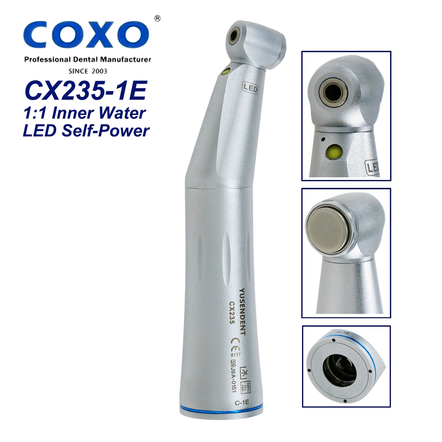 

COXO Dental Low Speed 1:1 Inner Water Self-Power LED E Generator Contra Angle Handpiece CX235-1E Fit ISO E Type NSK KAVO Sirona