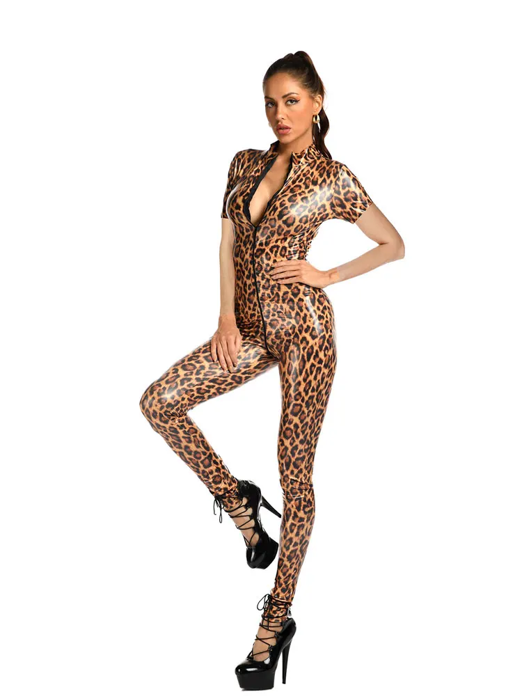 

Leopard Sexy Jumpsuits Women Wet Look Faux Leather Bodysuits PVC Open Crotch Jumpsuit PU Latex Shiny Sexy Tight Leotard Rompers