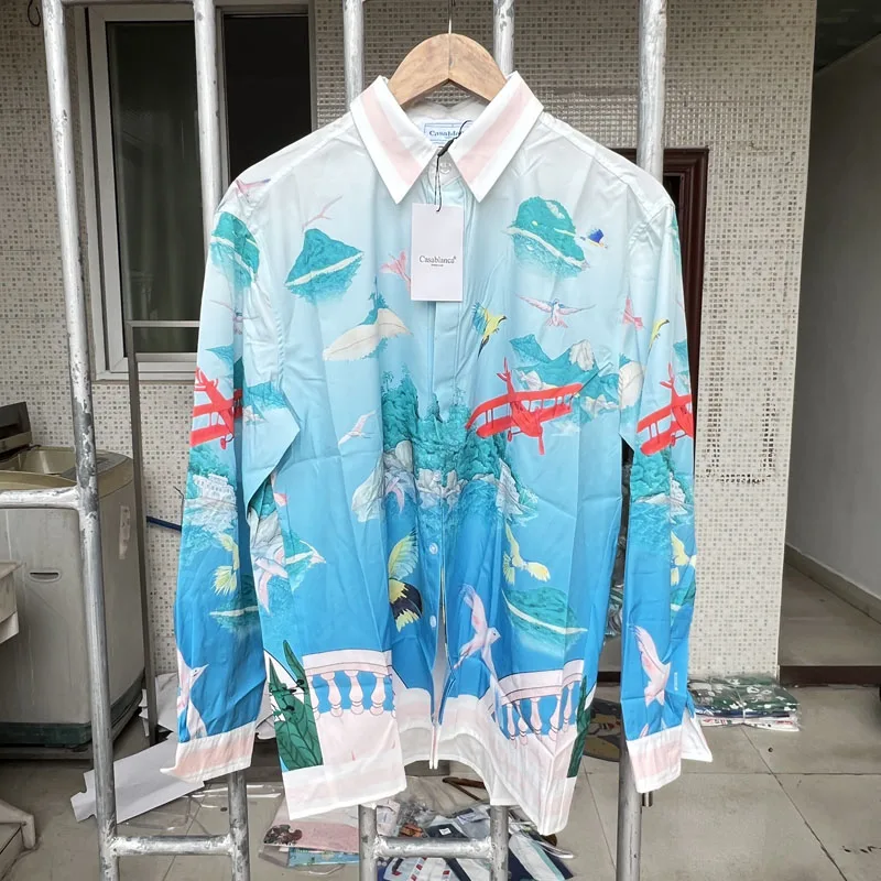 

Casablanca Long Sleeve Shirt Sky View Print Single Breasted V-neck Comfortable Breathable Men Women Casual Gradient Blue Shirts