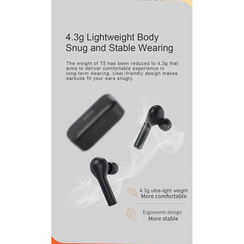 Qcy T5 Wireless Bluetooth-compatible Headphone Tws Touch Control Earphones Stereo With Microphone 380mah Battery wirless earbuds