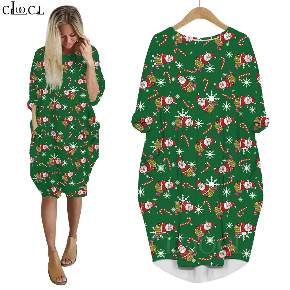 

CLOOCL Santa Claus Print Dress Cartoon Lovely Cane Candy Snowflake Pattern Long Sleeve Streetwear Women Loose Evening Dresses