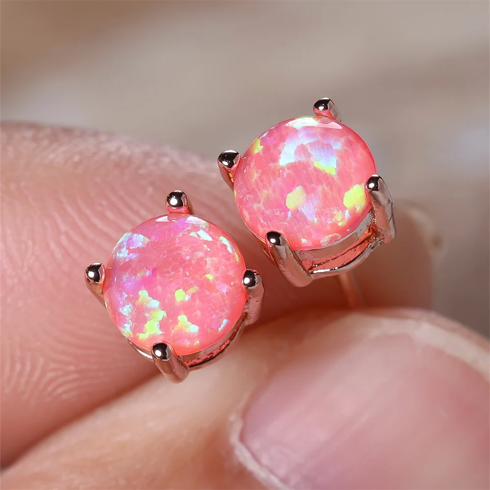 Pink White Blue Green Opal 6MM Round Stone Stud Earrings For Women Rose Gold Color Wedding Jewelry Minimalist Engagement Gifts