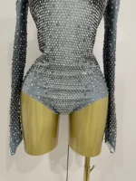 Sparkle Silver Rhinestones Long Sleeve Stretch Bodysuits 2025 New Women Evening Luxury Birthday Party Sexy Nightclub Stage Costu - Image 6