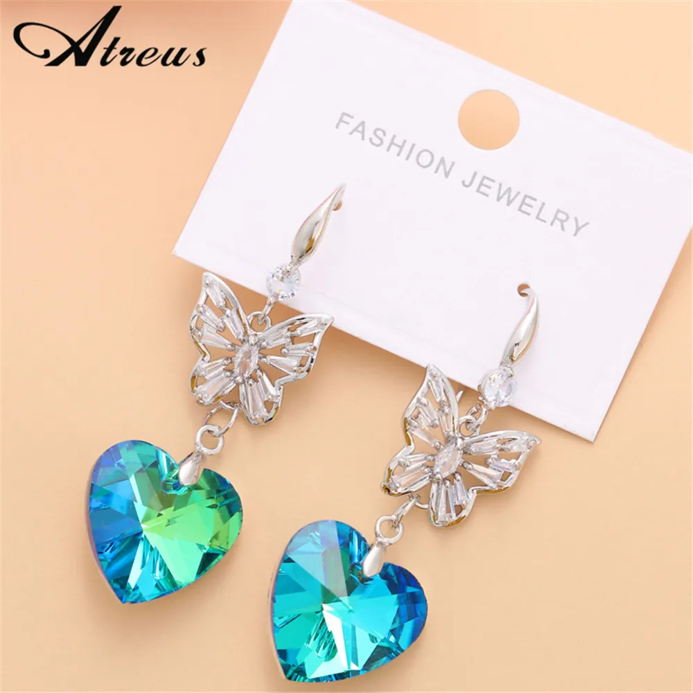 

Blue Green Crystal Drop Earrings For Women Silver Plate Butterfly Earrings Love Heart Dangle Earrings For Girls Wedding Jewelry