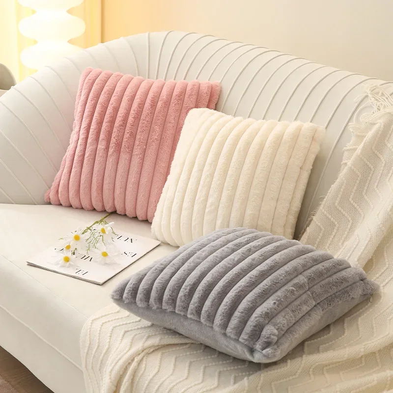 Cushion Cover Faux Rabbit Fur Square Big Thick Striped Soft Solid Color 45x45cm Sofa Decor