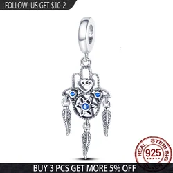 Real 925 Sterling Silver Blue Zircon Feather Hand & Palm Charms Beads Fit Original Pandora Bracelet Bangle Making Women Jewelry