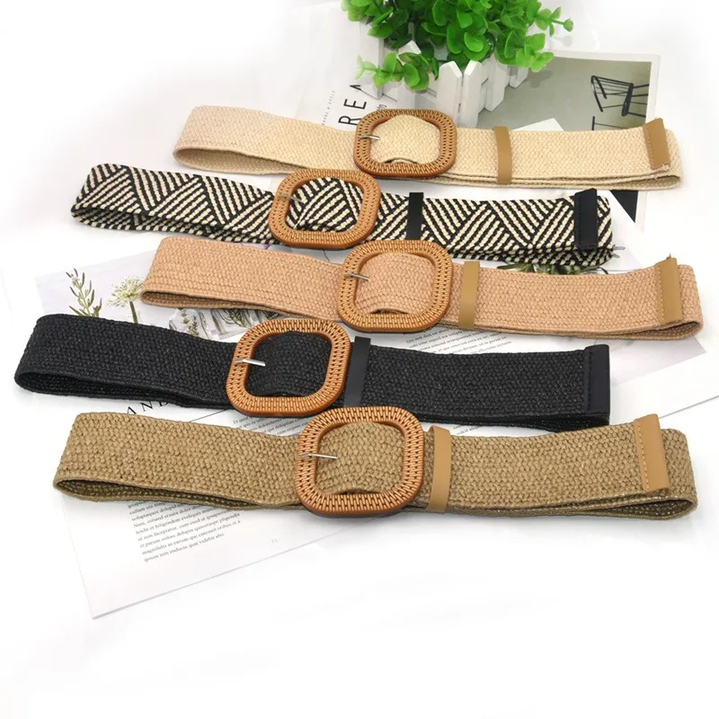 

New Women Straw Braided Belt Summer Straw Woven Belt Beach Style Elastic Wide Waistband Boho Dress Decorative Party Dress Belt