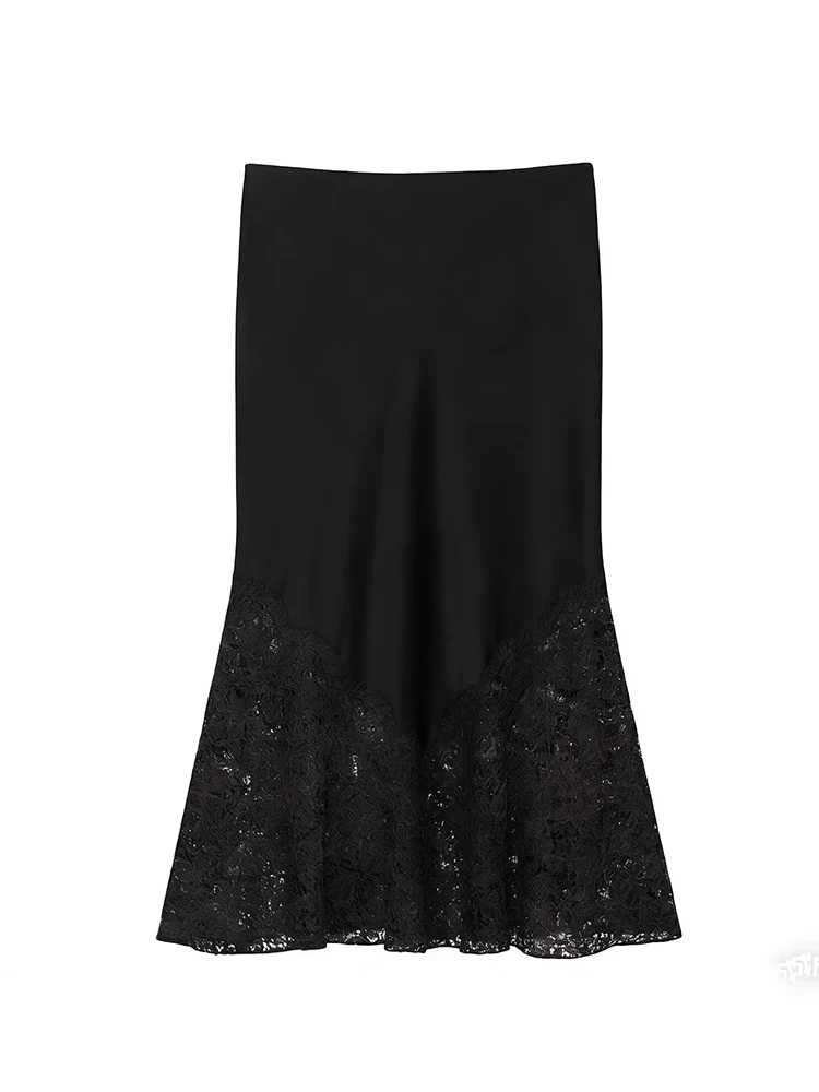 New Women's Satin Lace Midi Skirt Elegant Luxury Lace Hem Skirt Spring Autumn Fashion Party Wear Fashion Ladies Slim Fit Skirt