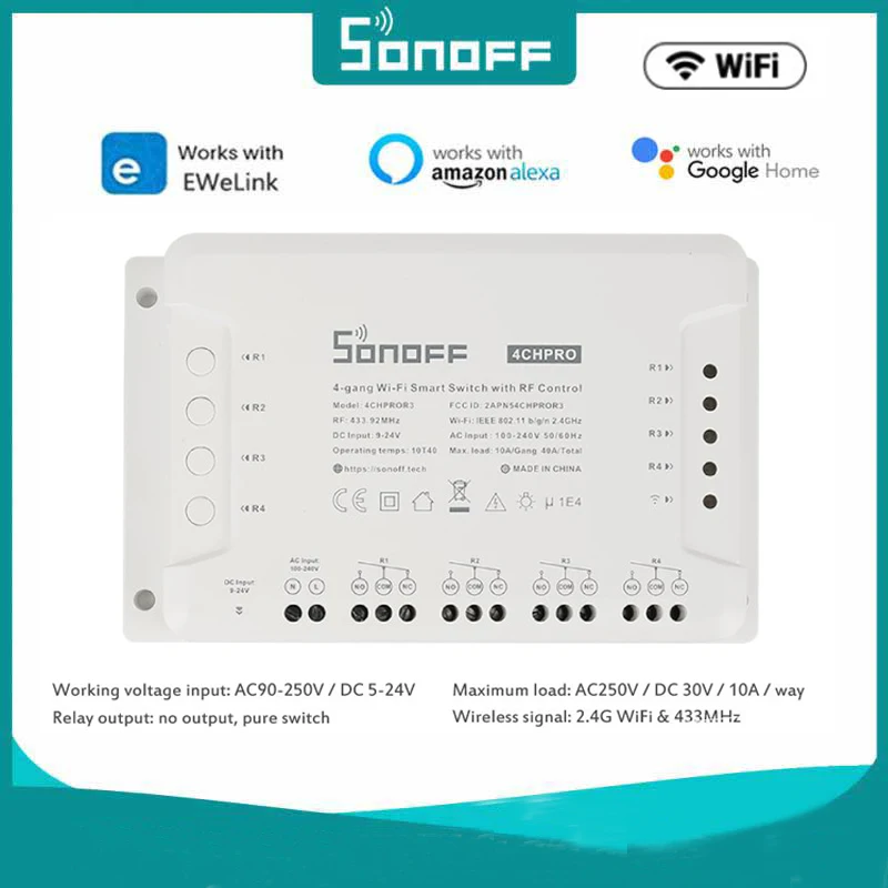 

Sonoff 4CH Pro R3 10A /Gang 4 Channel Wifi Smart Switch 433 MHZ RF Remote Wifi Lights Switch Supports 4 Devices Works With Alexa