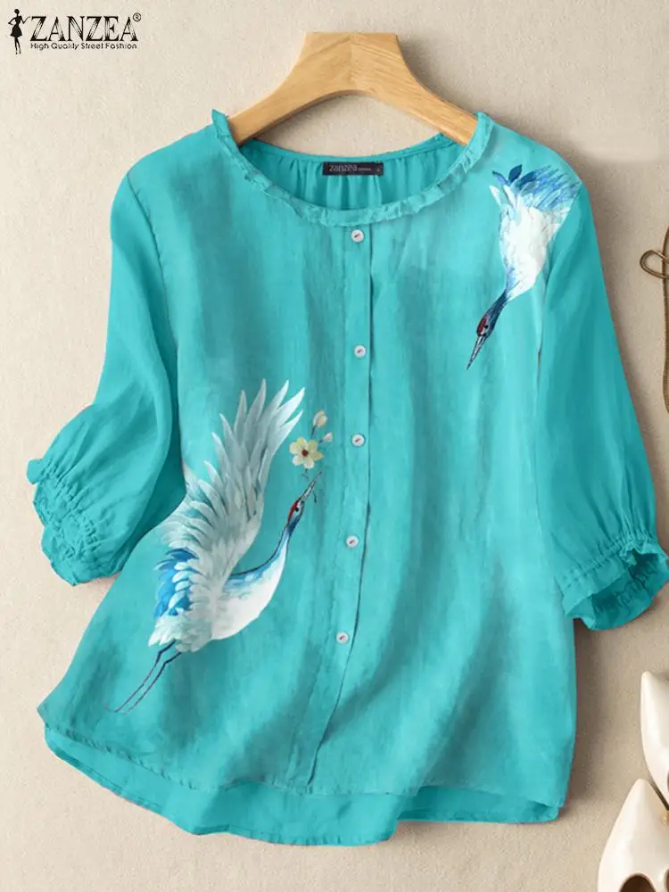 

Женская винтажная рубашка ZANZEA, летняя блузка с коротким рукавом и цветочным принтом, элегантные рабочие топы, богемные повседневные пляжные блузы, Женская туника