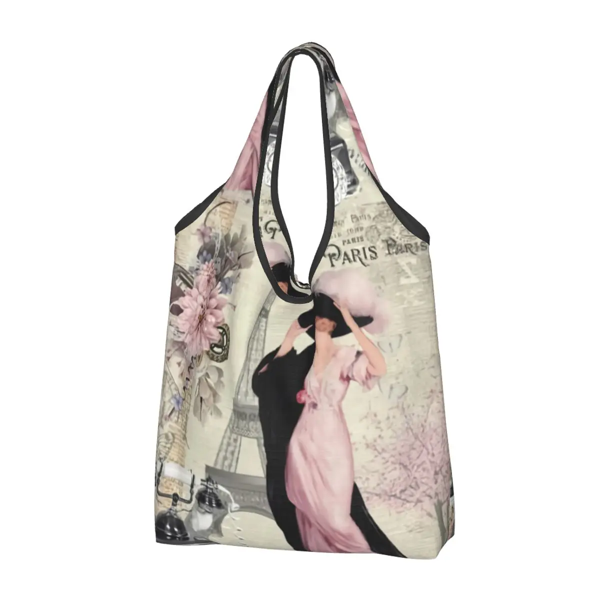 

Custom France Paris Eiffel Tower Vintage Shopping Bags Women Portable Large Capacity Groceries Flower Pink Tote Shopper Bags