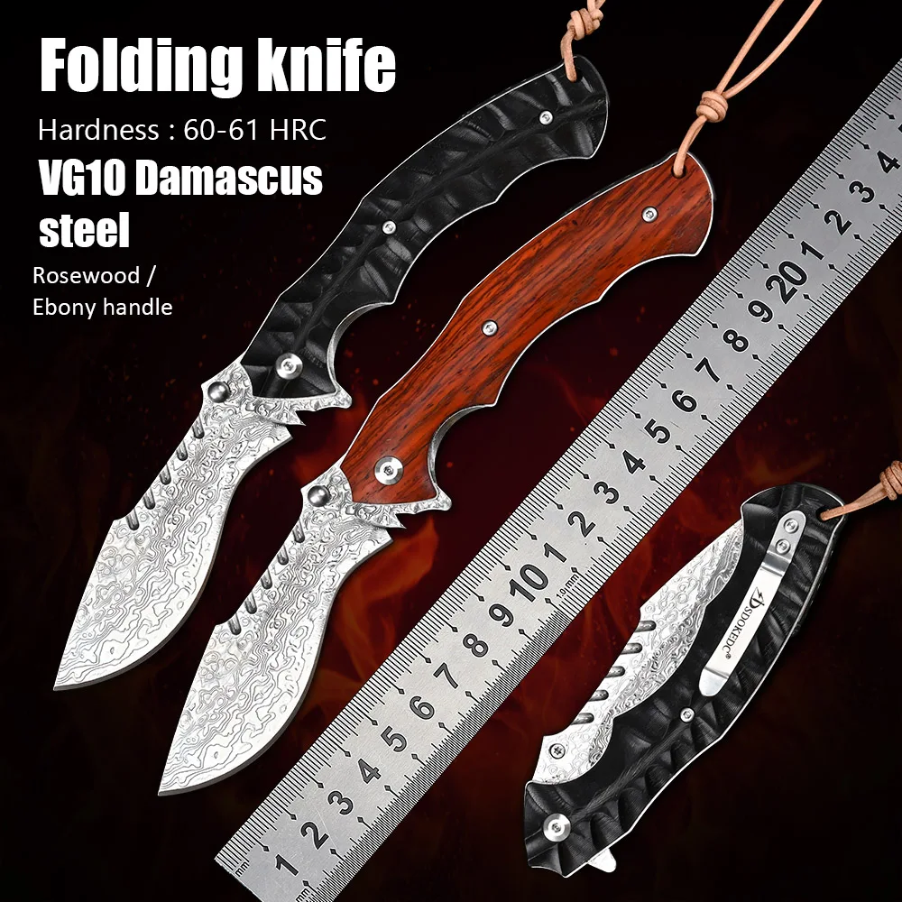 

VG10 Damascus Blade Self Defense EDC Tool Camping Utility Pocket Knives Outdoor Tactical Survival Hunting Folding Knife Wood
