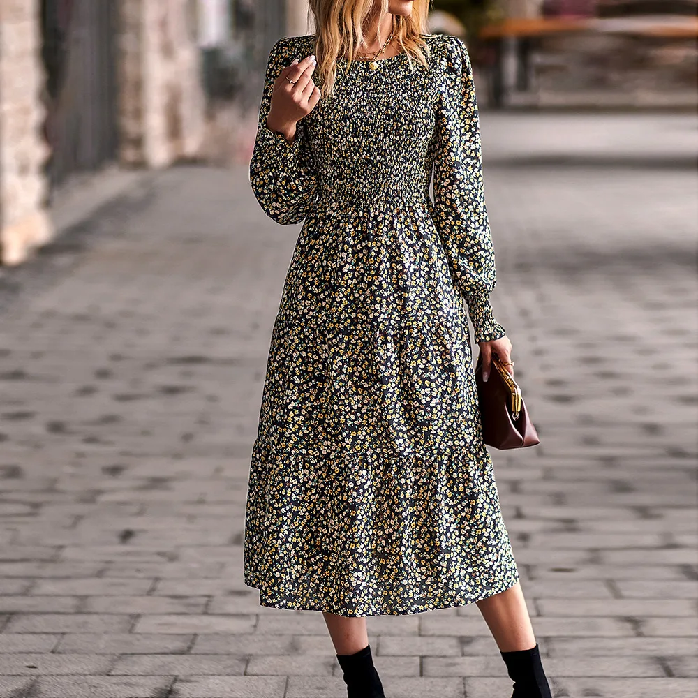 

Women Printed Street Commuting Tucked Waist Long-Sleeved Dress 2023 Spring Summer Fashion New Crewneck Temperament Long Dresses