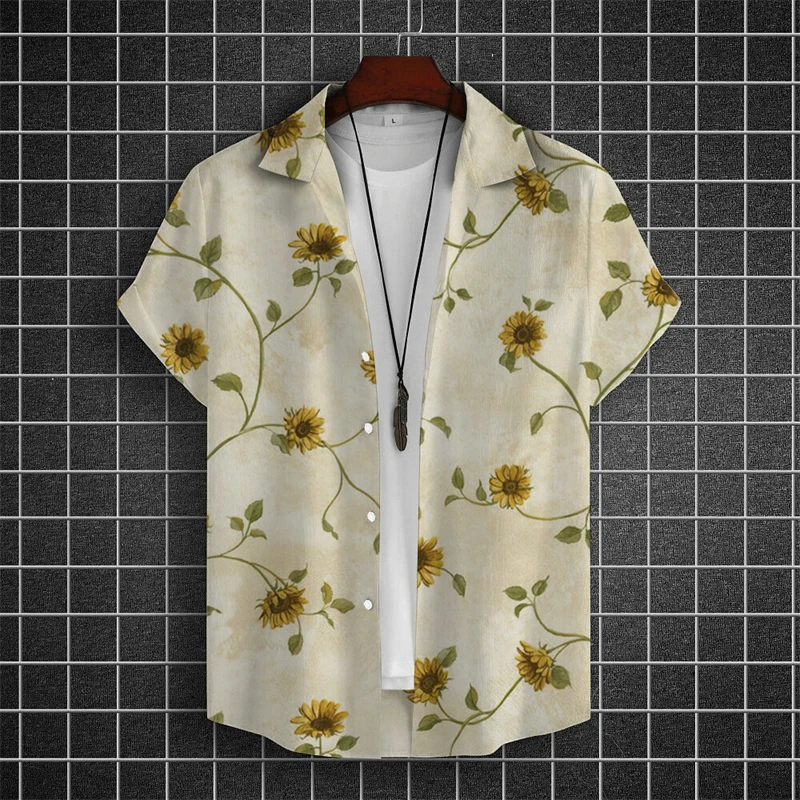 Simple Hawaiian Men's Beach Shirts 3d Flower Print Summer Casual Short Sleeve Daily Street Tops Tees New Fashion Men Clothing 5
