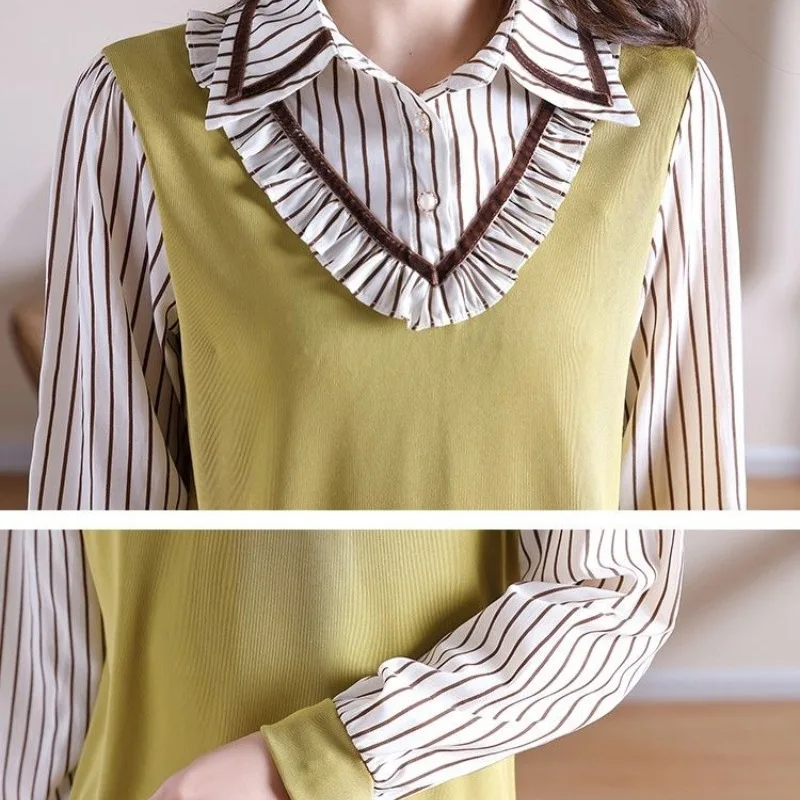 Women's Fake Two Piece Pullover Striped Polo Neck Button 2023 Spring and Autumn Long Sleeve Folds Patchwork Casual Shirt Tops