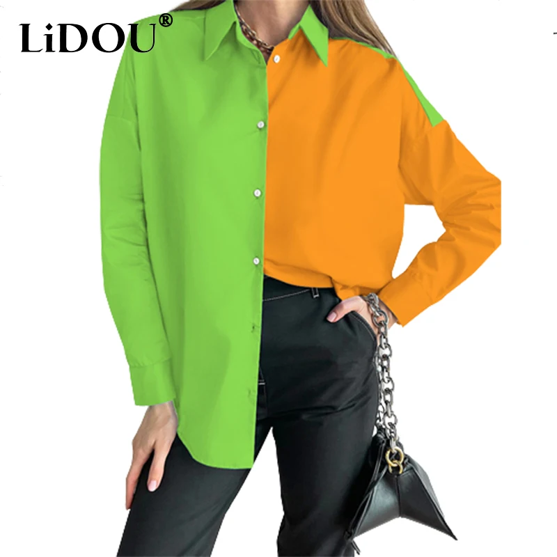 

Spring Autumn Streetwear Patchwork Single Breasted Long Sleeve Blouse Femme Harajuku Y2K Loose Casual Shirt Trend Cardigan Top
