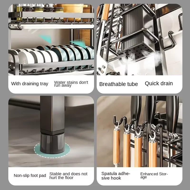 Multi-functional 1/2-Tier Dish Rack Kitchen Supplies Storage Rack Draining Rack with Chopsticks/Knives/Cutting Board Holder 3