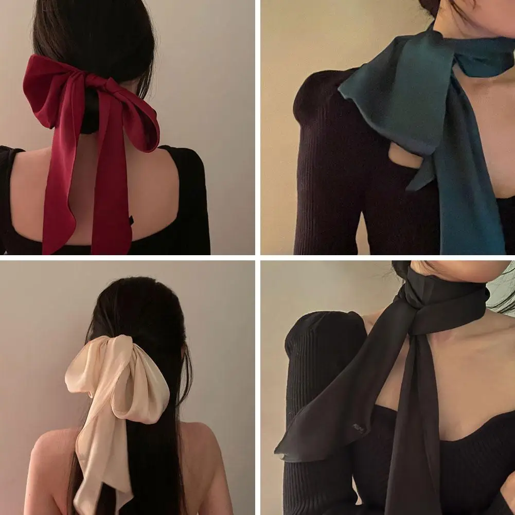 Women Narrow Long Scarf Solid Color Chiffon Silk Headbands Lady French Scarves Streamer Choker Accessories Gentle Elegan V7S8 fashion women s belt love round hole retro buckle narrow business lady belts winter hot sweater wild youth ladies belt