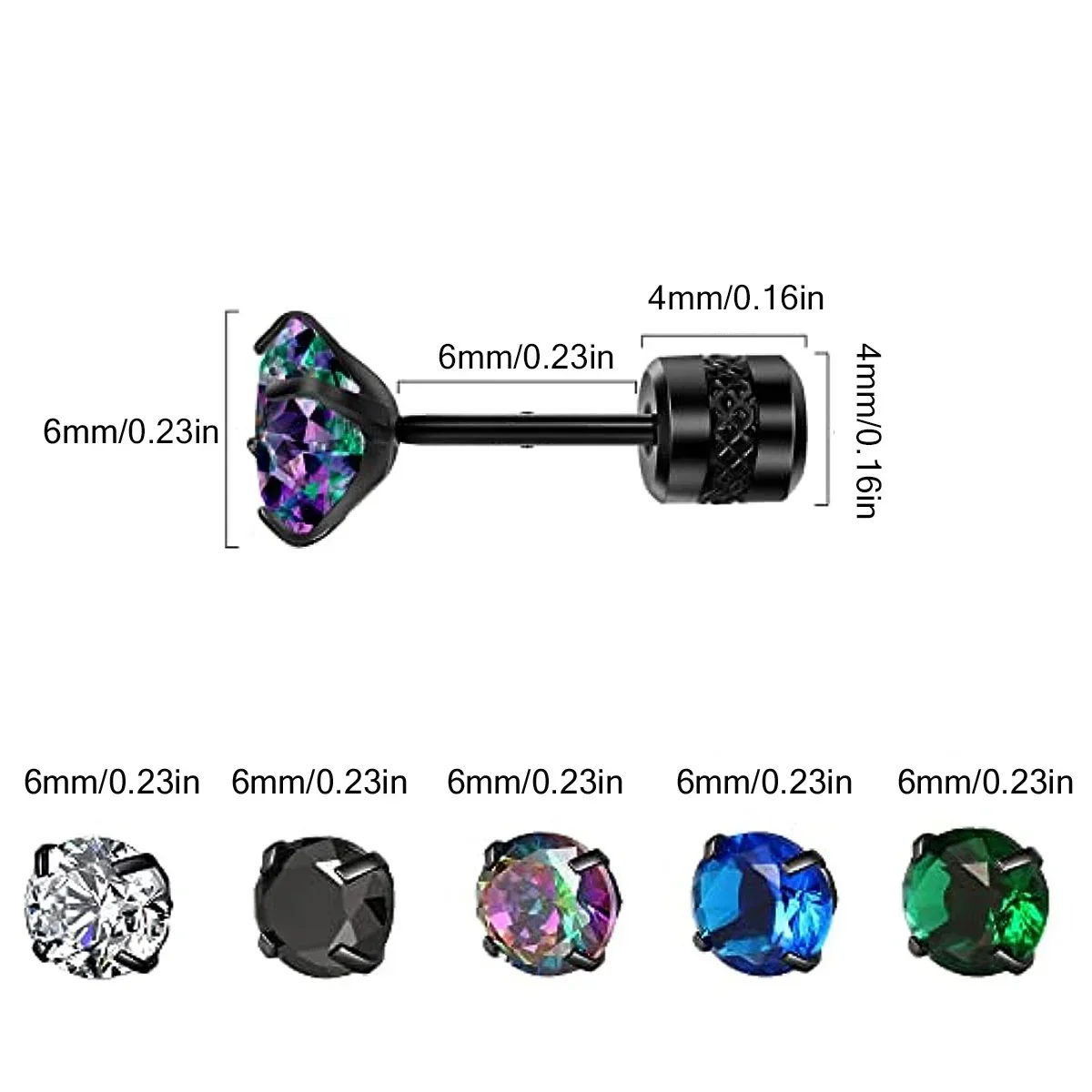 Stainless Steel & Zircon Stud Earrings for Men 5-Pairs Set Hypoallergenic Durable & Versatile