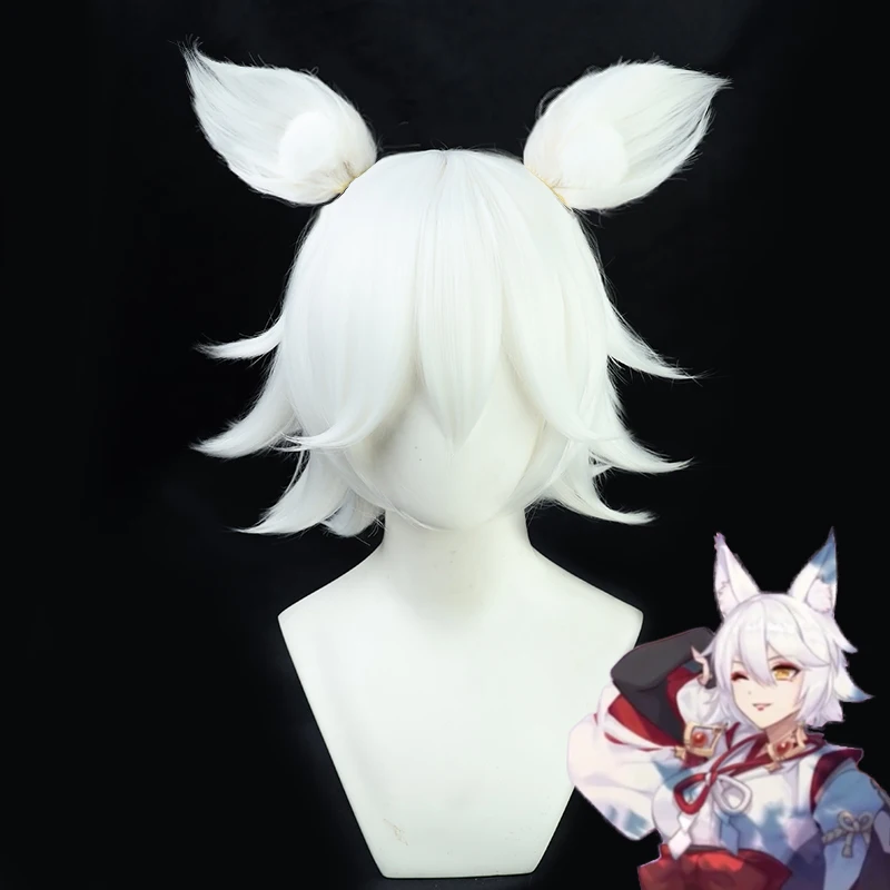 

Game Genshin Impact Kitsune Saiguu Cosplay Wig with Ears 45cm White Wig Halloween Party Carnival Role Play