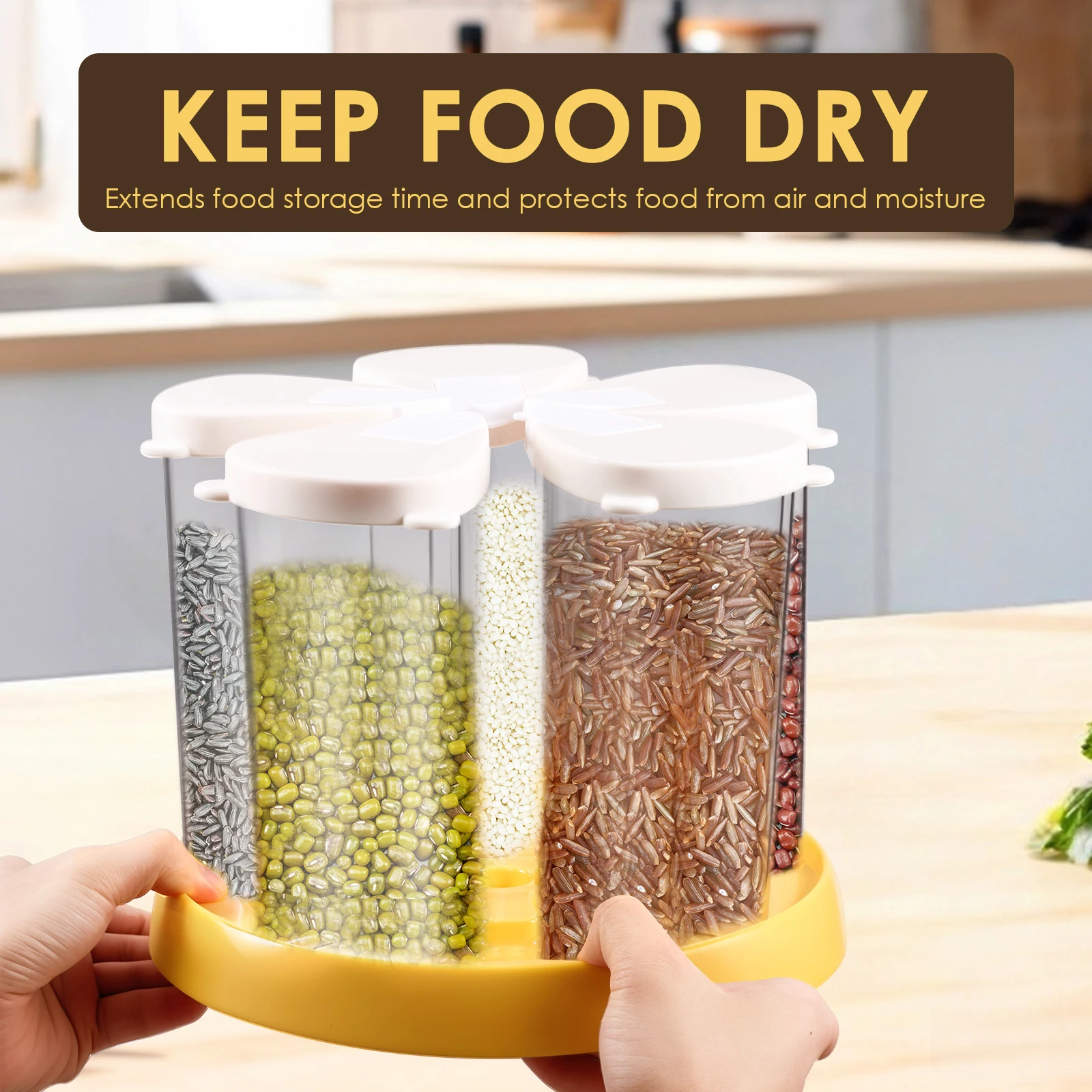 5 Grid Food Grain Storage Container Plastic Kitchen Storage Containers with 360 ° Rotating Base Transparent Grain Rice Dispenser