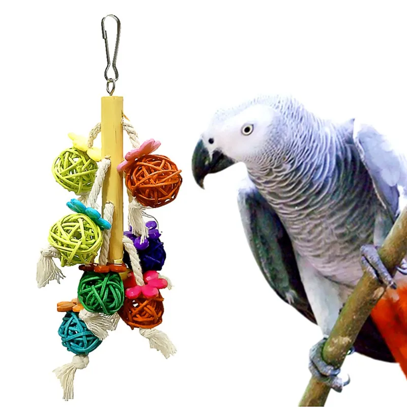 Parrot Toy Bird Toy Bird Toys with Multicolored Natural Wooden Blocks Bells and Durable Rope Cage Hanging Chewing Sticks Toys for Parrot Cockatiels