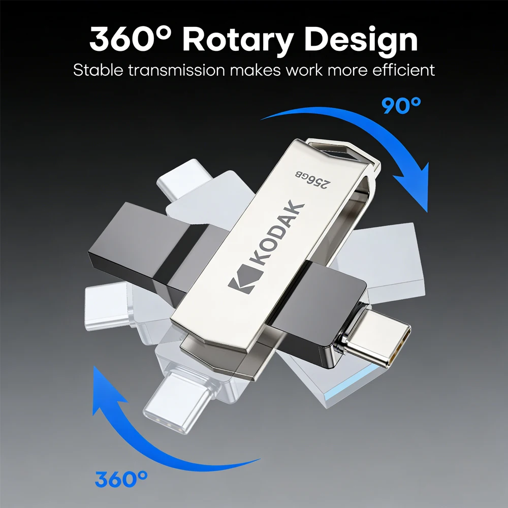 KODAK USB3.2 Type C 플래시 드라이브 256GB 128GB 32GB 펜드라이브 스마트폰 노트북용 고속 듀얼 메모리 스틱