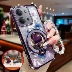 3 - Piece Set: Attractive Flower Design Phone Case with Lanyard and Circular Stand for Redmi 15C (PURPLE)