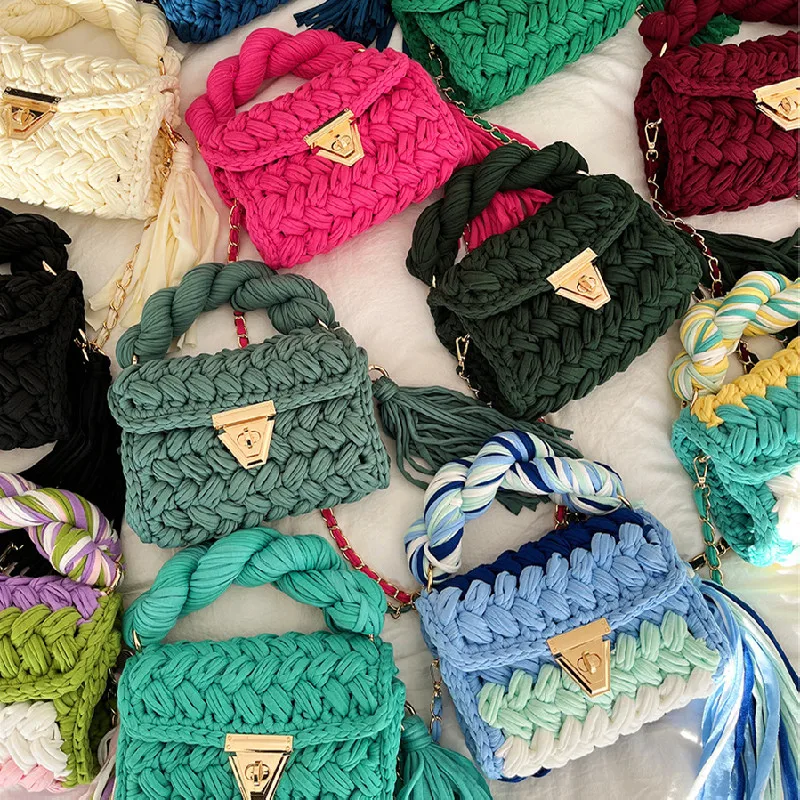 New Handmade Woven Women's Crossbody Bags Thread Hook Knitted Shoulder Bag Colorful Strip Chains Bags for Women Small Purses
