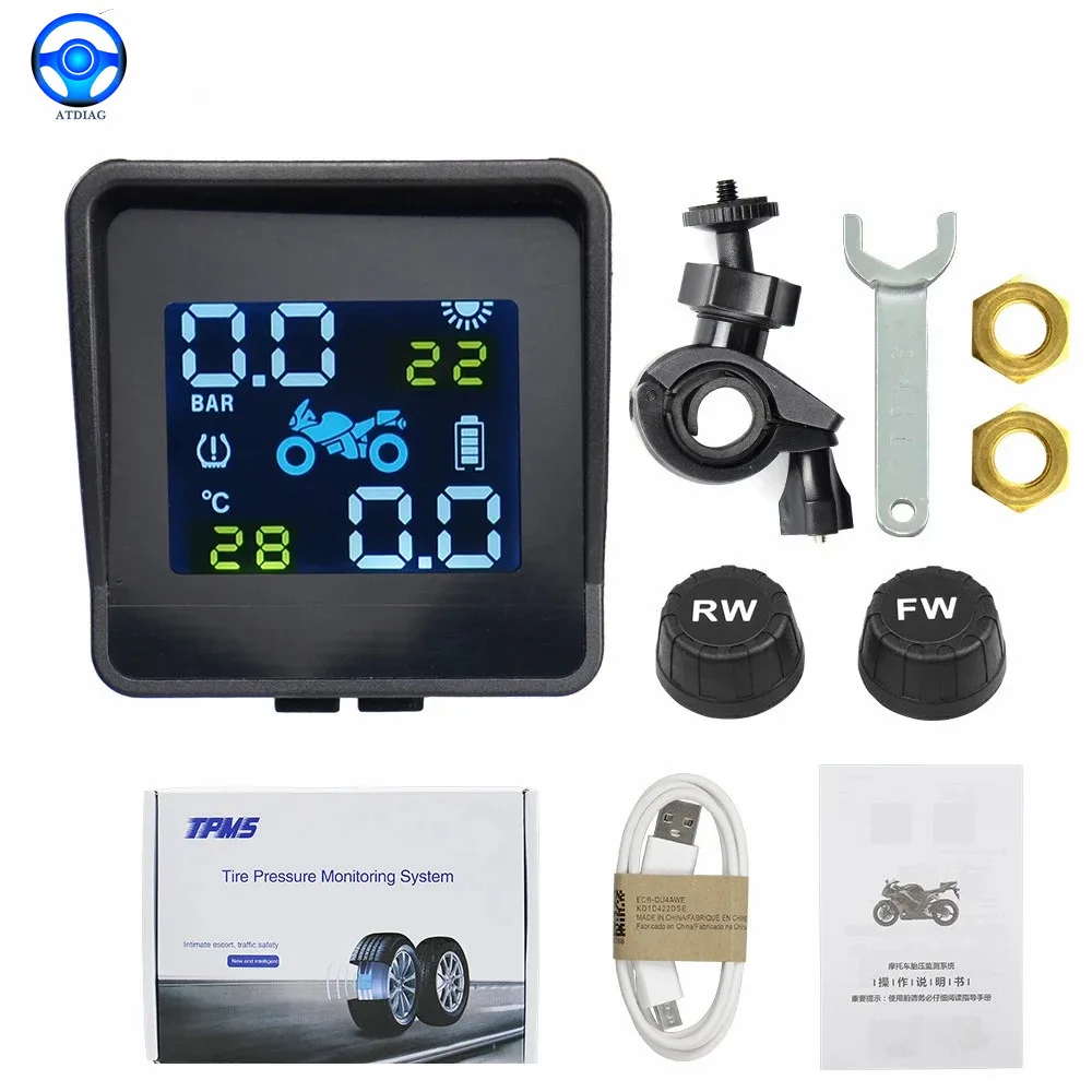 

2024 New USB Solar Charging Motorcycle TPMS Motor Tire Pressure Tyre Temperature Monitoring Alarm System with 2 External