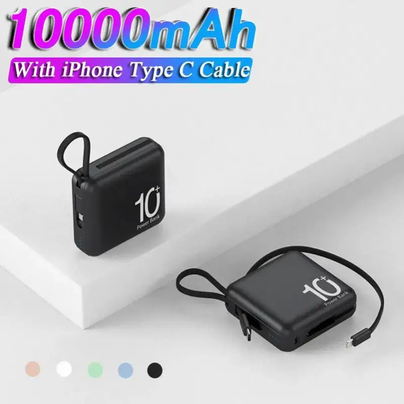 

Портативный внешний аккумулятор на 10000 мА · ч, быстрая зарядка, съемный кабель USB TYPE-C, двухсторонний мини-внешний аккумулятор для iPhone, Xiaomi, Samsung