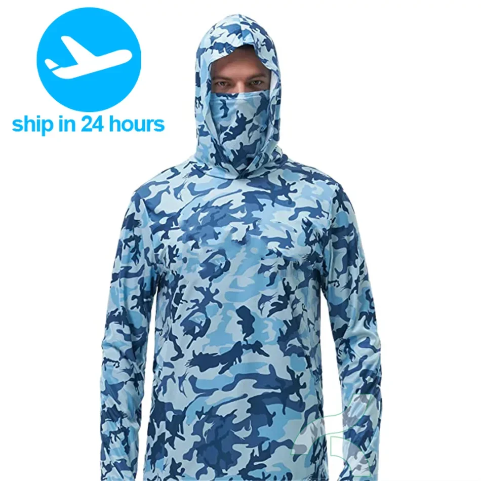 

Новые камуфляжные рыболовные рубашки с защитой от солнца, с длинным рукавом и капюшоном, быстросохнущие топы, маска для рыбалки, одежда Upf 50 +