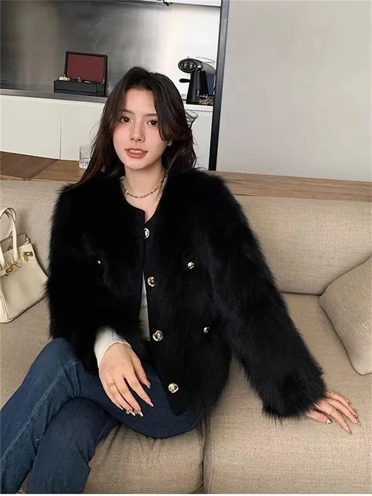 Korean Short Faux Fur Jackets Vintage Slim Imitate Fox Furs Coats Warm Fashion Fall Winter Outerwear Women Luxury Furry Chaqueta