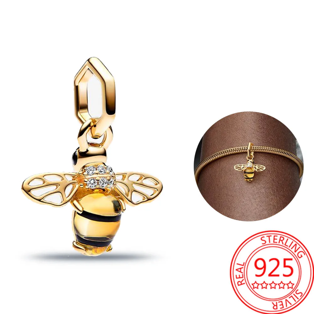 

Gorgeous 14K Gold Sparkling Bee Dangle Charm Fit Pandora Bracelet & Bangle 925 Sterling Silver Women Necklace Pendant