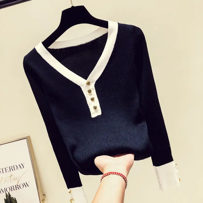 

New RU Knit Coat Button Pullover Low V Collar Women Sweater Women's T-shirt Sweaters for Girl Pull Slim Top Cloth Shirt Clothes