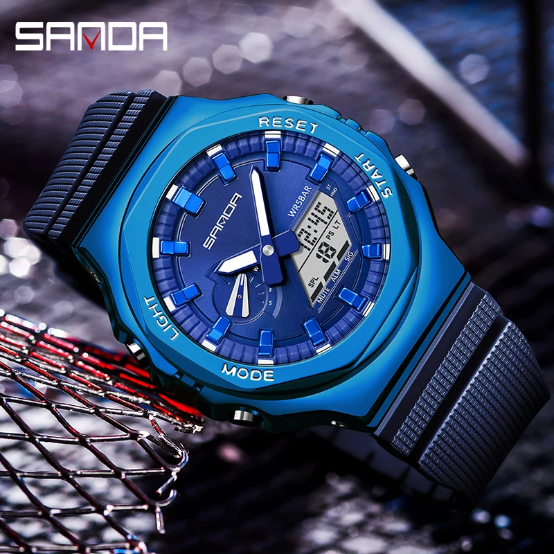 SANDA New Style Men Military Sport Wrist Watch Blue Quartz Steel Waterproof Dual Display Male Clock Watches Relogio Masculino